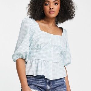 NWOT Baby blue plaid button up peplum top